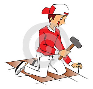 Vector of repairman hammering nail to remove tiled floor