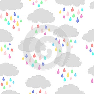Vector repeat pattern with gray clouds and colorful raindrops