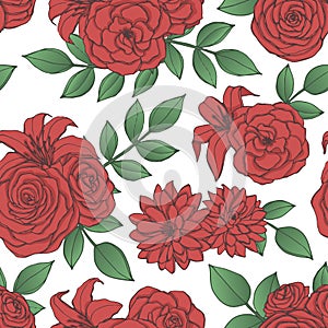 Vector repeat pattern with red lily, chrysanthemum, camellia, peony and rose flowers and leaves