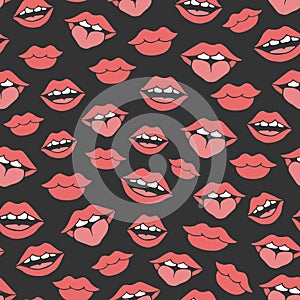 Vector repeat pattern with red woman lips of different shapes sh