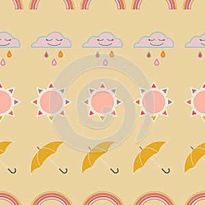 Vector repeat seamless pattern with clouds, rain, rainbow, sun and umbrellas.