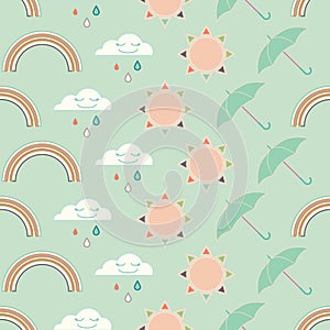 Vector repeat seamless pattern with clouds, rain, rainbow, sun and umbrellas.