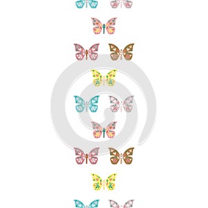 Vector repeat seamless vertical border with butterflies. Retro colorful butterfly illustration.