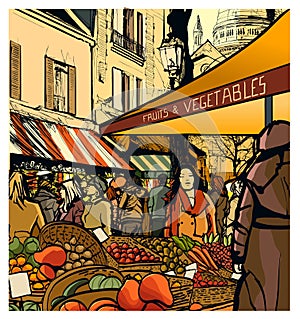 Vector representation of Fresh healthy bio fruits and vegetables market in Montmatre, Paris photo