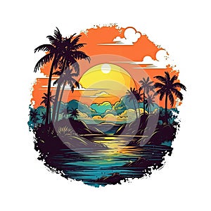 Vector composition of a retro-style California beach sunset with centered palm trees in full color photo