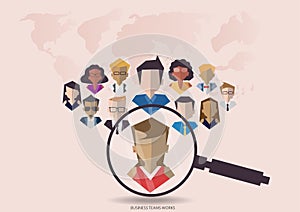 Vector research people for business teams worker with vector world map.Flat design