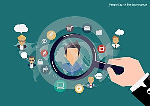 Vector research people concept of human resources management, professional staff research, head hunter job with magnifying glass.