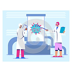 Vector of researchers study structure and properties of virus in image after laboratory experiment