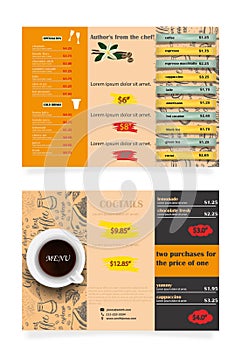 Vector restaurant brochure, menu design from two booklets. Vector cafe template with hand drawn graphics. Food flyer