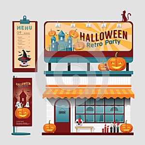 Vector restaurant halloween cafe set shop front design, flyer,