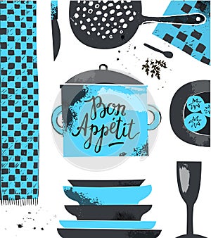 Vector restraurant, cafe menu design template, poster, card. Hand drawn modern illustration with kitchenware.