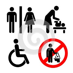 Vector restroom icons: lady, man, child and disability