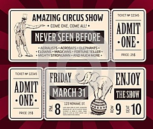 Vector retro circus ticket front and back templates with typography and hand drawn magician and elephant.