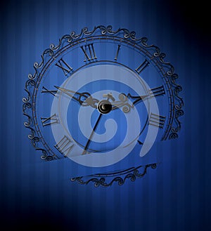 Vector retro clock on a blue striped background