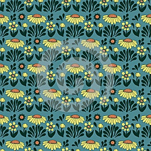 Vector retro color Scandinavia flower and the sun illustration seamless repeat pattern
