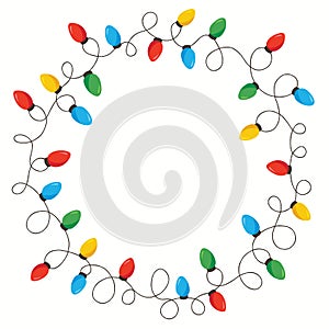 Vector Retro Colorful Holiday Christmas and New Year Intertwined String Lights Isolated Round Frame on White Background