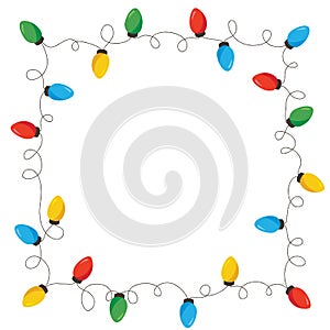 Vector Retro Colorful Holiday Christmas and New Year String Lights Isolated Square Frame on White Background