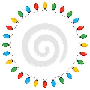 Vector Retro Colorful Holiday Christmas and New Year String Lights Isolated Round Frame on White Background