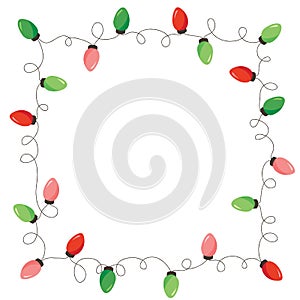 Vector Retro Colorful Holiday Christmas and New Year String Lights Isolated Square Frame on White Background