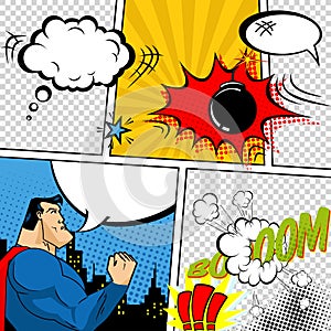 Vector Retro Comic Book Speech Bubbles Illustration. Mock-up of Comic Book Page with place for Text, Speech Bubbls, Symbols, Sound