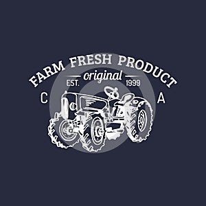 Vector retro family farm logotype. Organic premium quality products logo. Vintage hand sketched tractor icon.