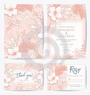Vector Retro Floral Exotic Tropical Wedding Invitation, Thank you, RSVP Card Set. See portfolio for matching dinner set