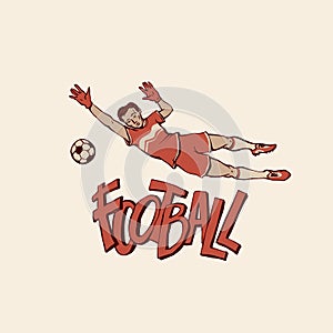 Vector retro football goalkeeper jumps to catch ball. Young footballer motion in sports uniform and gloves. Outline