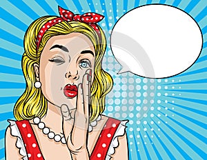 Vector retro illustration of pop art comic style emotional woman trying to tell secret message. photo