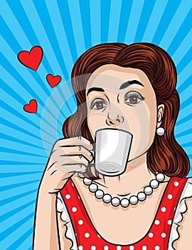 Vector retro illustration of pop art comic style of a pretty woman drinks a coffee.