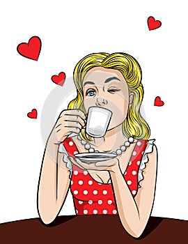 Vector retro illustration pop art comic style of a pretty woman in red dress drinking a coffee isolated from white background.