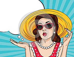 Vector retro illustration pop art comic style of a pretty woman in red dress wear sunglasses and a hat.
