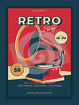 Vector Retro Party poster with Vintage Gramophone illustration