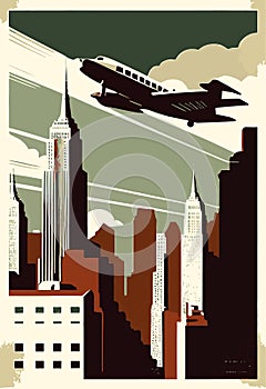 Vector retro poster in art Deco style. New York. Cityscape and a old airplane passing above