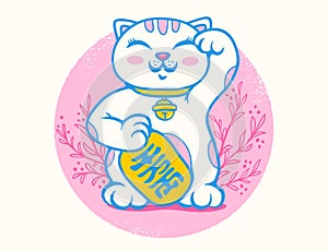 Vector retro poster with lucky cat. Neko on pink backround with plants. Vector kawaii lucky cat