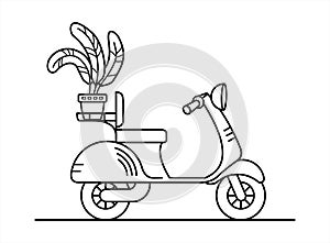 Vector retro scooter with a flower in the trunk; vintage stylish moped; scooter for delivery; isolated on a white background;