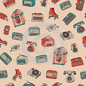 Vector retro seamless pattern with antique tech, scooter, juke b