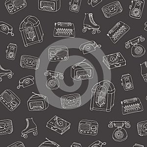 Vector retro seamless pattern with old tech, juke box, radio, typewriter