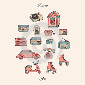 Vector retro set with antique tech, car, scooter, juke box, radio, typewriter, roller skates, cameras and vinyl record player. Ha