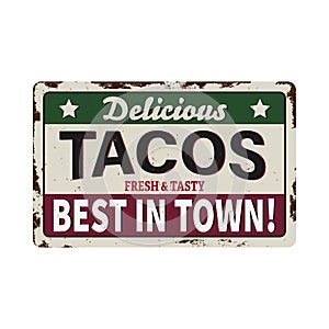 Vector retro sign template for traditional taco meal in Mexican restaurants. Hot and spicy Mexican tacos advertise on