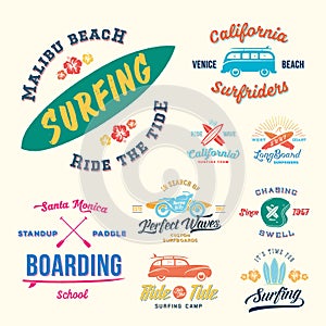 Vector Retro Style Surfing Labels, Logos or T-shirt Graphic Design Featuring Surfboards, Surf Woodie Car, Motorcycle