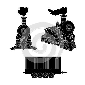 Vector retro train. Black locomotive and freight car