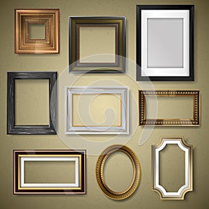 Vector retro vintage art photo picture frames museum exhibition decorative antique decoration wall realistic 3d