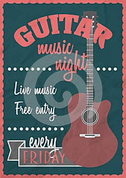 Vector retro vintage poster concept with acoustic guitar. Rock concert design template.