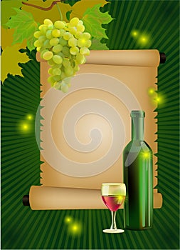 Vector ripe grapes, wine glass and bottle wine .