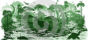 vector river in rainforest jungle with different dinosaurs
