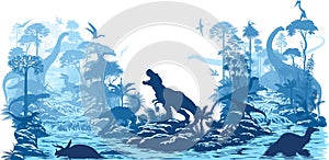 vector river in rainforest jungle with dinosaurs