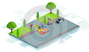Vector of a road collision at intersection with two cars involved in traffic accident and police vehicle