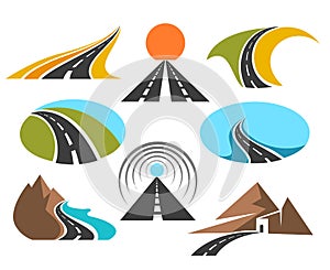 Vector road colored emblems isolated on white background for logo design. Transport highway or pathway symbols