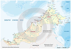 Vector road map of the Malaysian states of Sarawak and Sabah on the island of Borneo, Malaysia