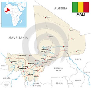 Vector road map of the Republic of Mali with flag